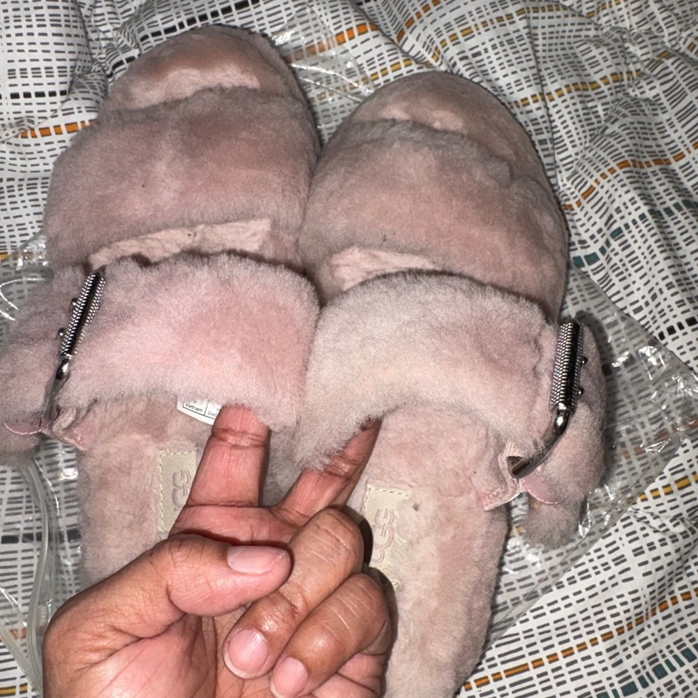 UGG Pink Faux Fur Slide Sandals with Buckle Detail